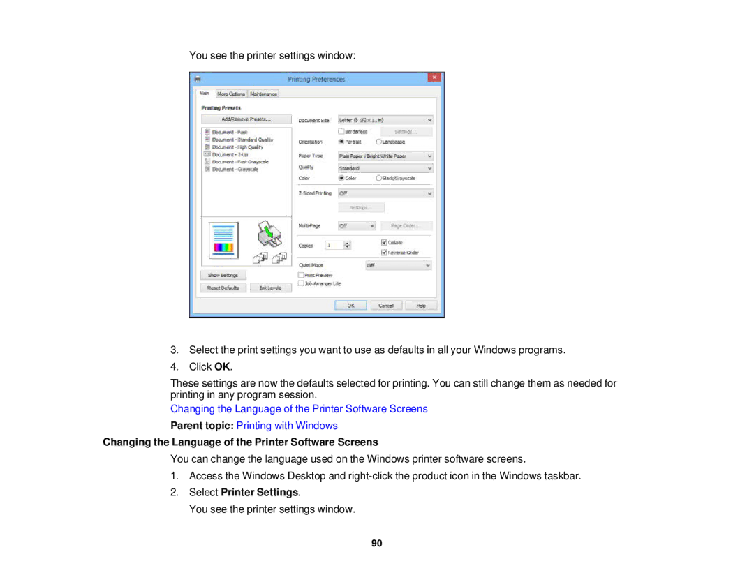 Epson WF-2650 manual Changing the Language of the Printer Software Screens 