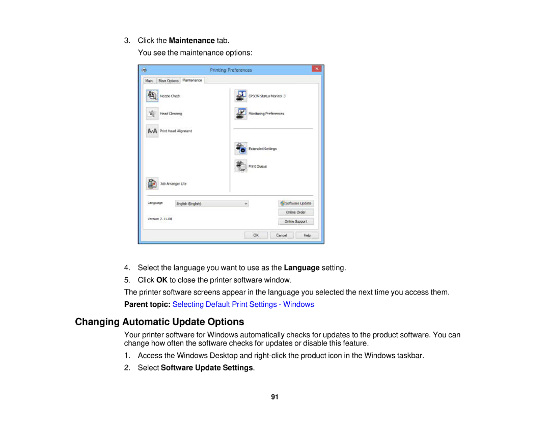 Epson WF-2650 manual Changing Automatic Update Options, Select Software Update Settings 