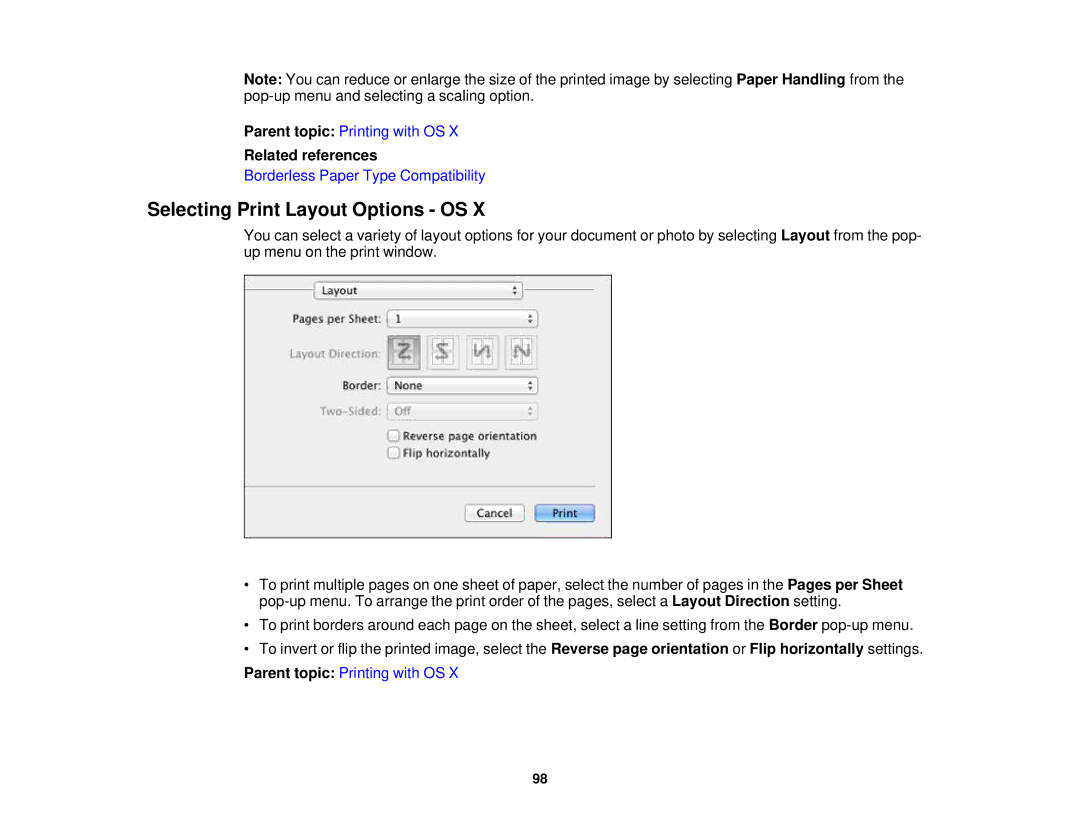 Epson WF-2650 manual Selecting Print Layout Options OS 