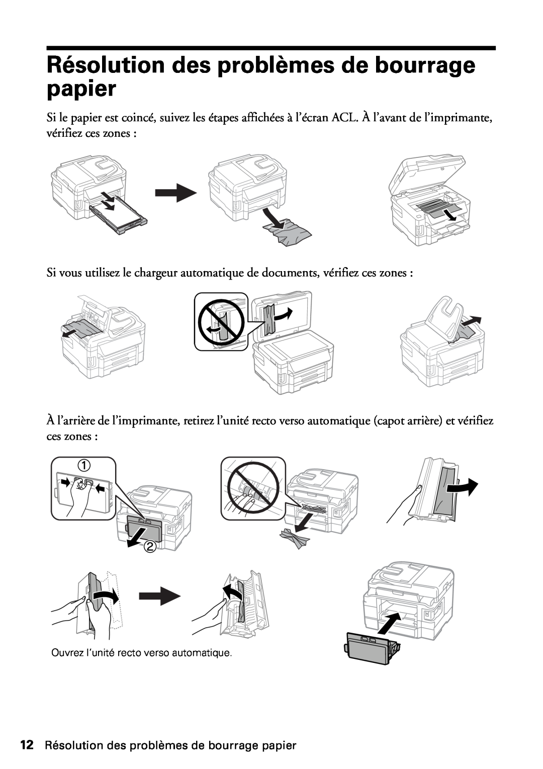 Epson WF-3620, WF-3640 manual 12 Résolution des problèmes de bourrage papier 