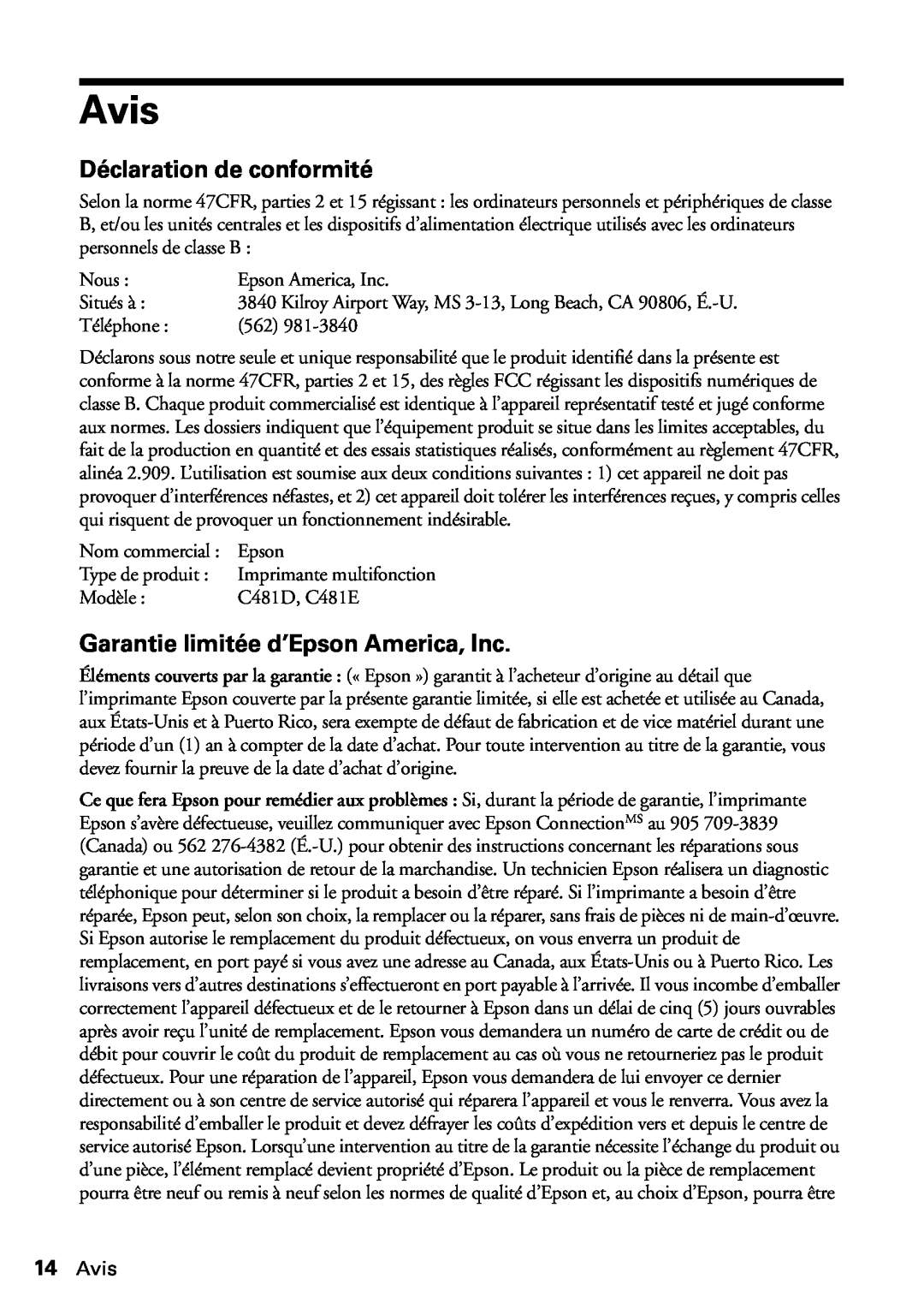 Epson WF-3620, WF-3640 manual Avis, Déclaration de conformité, Garantie limitée d’Epson America, Inc 