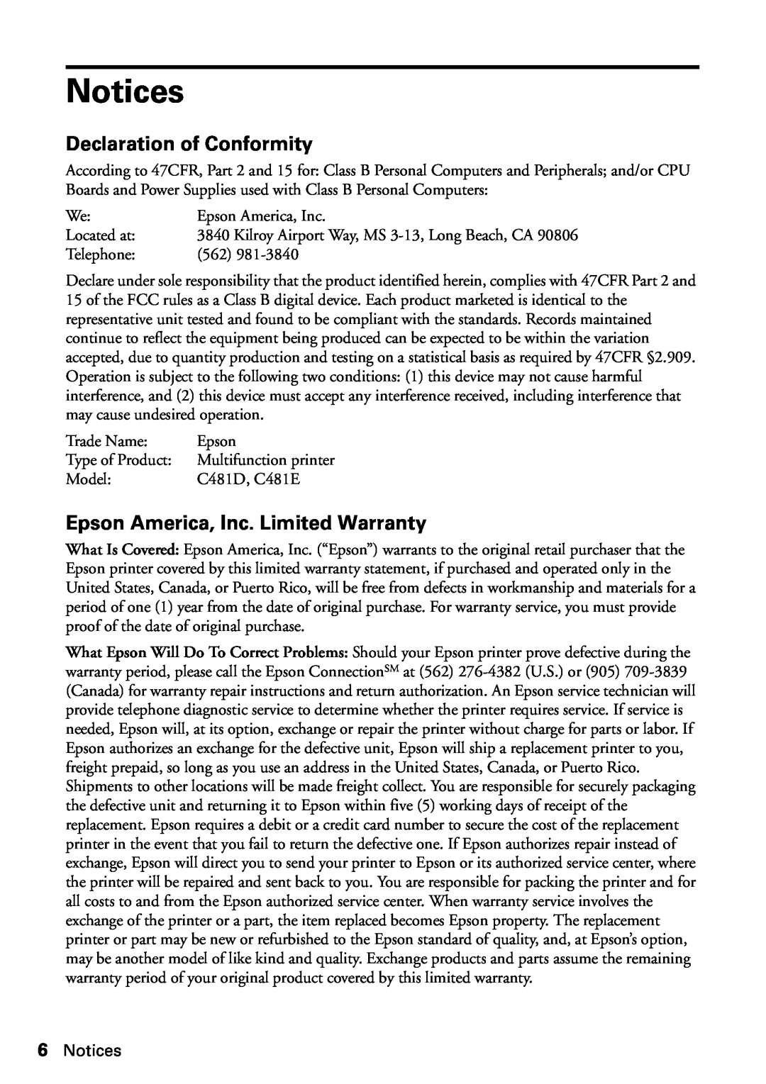 Epson WF-3620, WF-3640 manual Notices, Declaration of Conformity, Epson America, Inc. Limited Warranty 