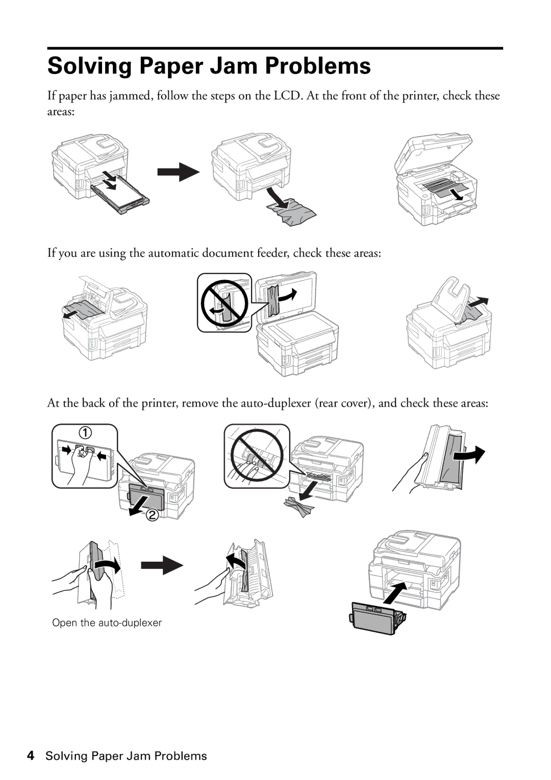 Epson WF-3620, WF-3640 manual Solving Paper Jam Problems 