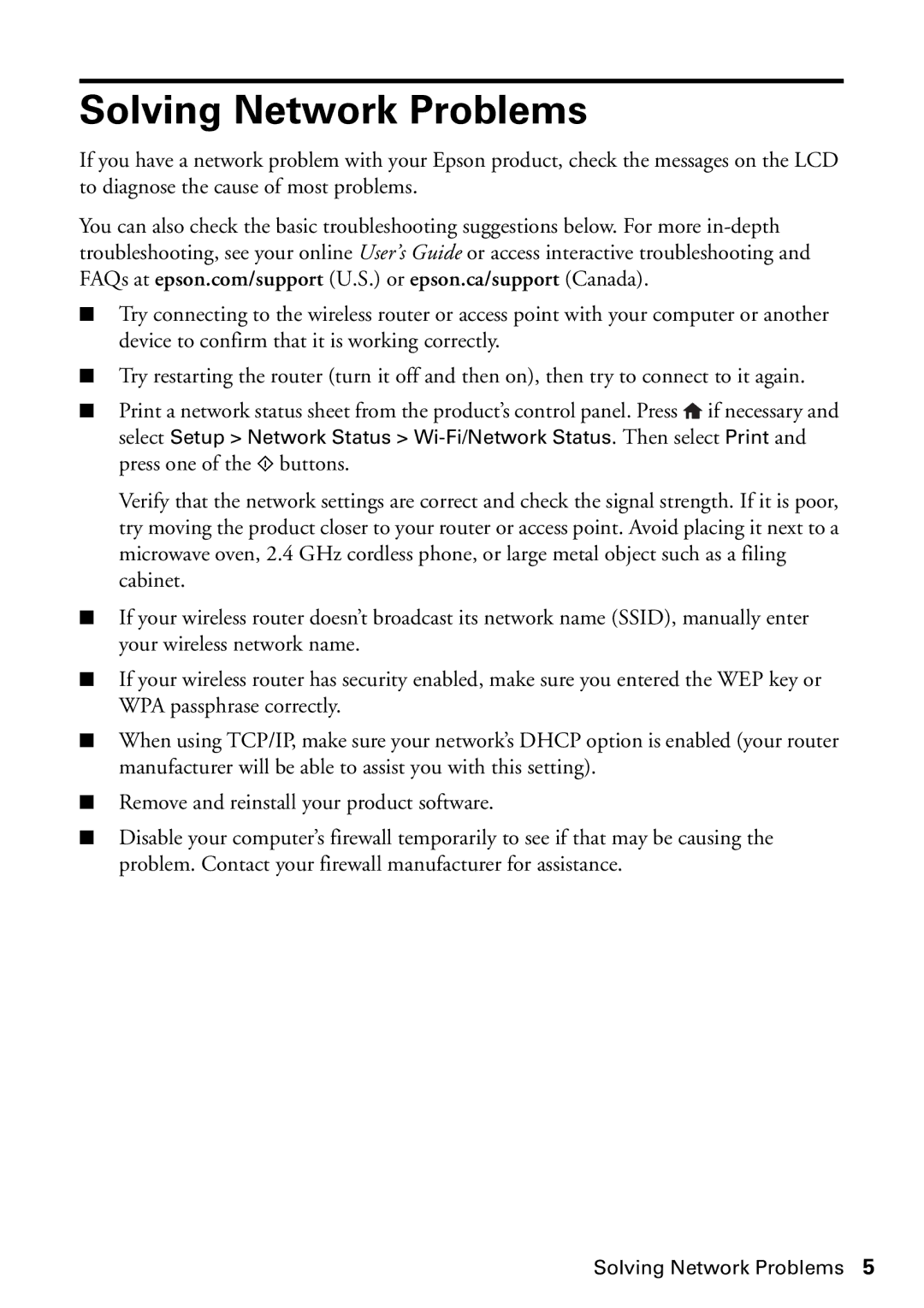 Epson WF-3640, WF-3620 manual Solving Network Problems 