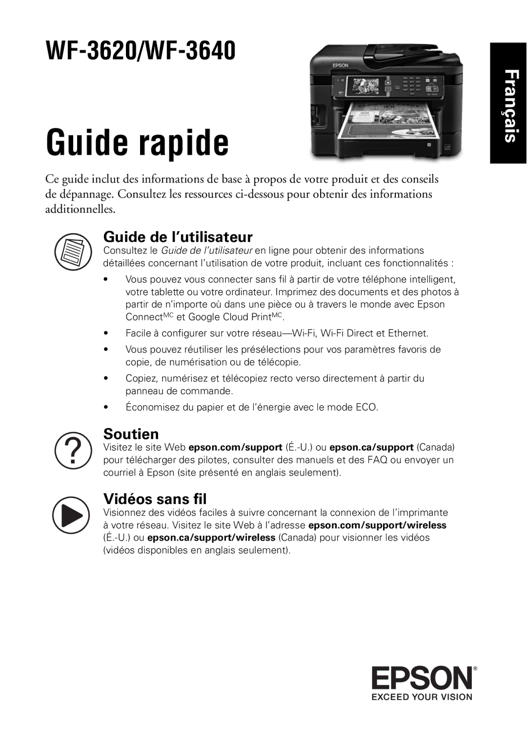 Epson WF-3640, WF-3620 manual Guide rapide 