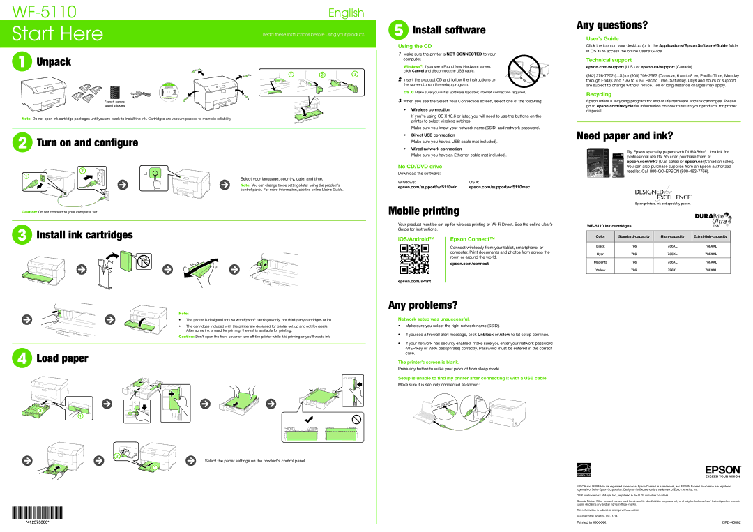 Epson WF-5110 manual Unpack, Turn on and configure, Install ink cartridges, Load paper, Install software, Mobile printing 