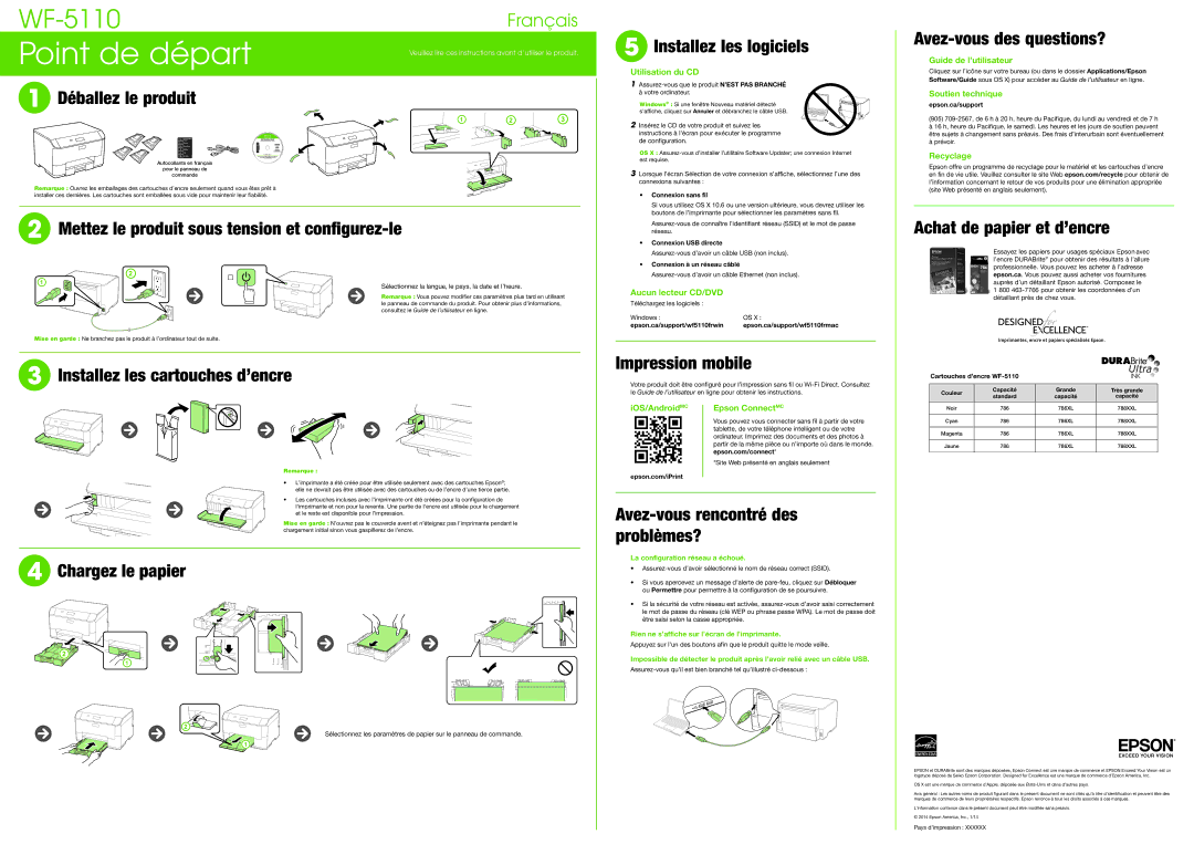 Epson WF-5110 Déballez le produit,  Installez les logiciels, Avez-vous des questions?, Installez les cartouches d’encre 