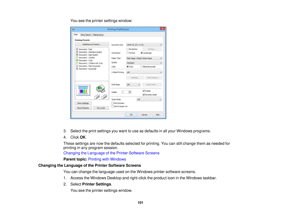 Epson WF2660 manual Changing the Language of the Printer Software Screens 