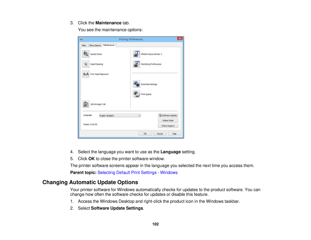 Epson WF2660 manual Changing Automatic Update Options, Select Software Update Settings 