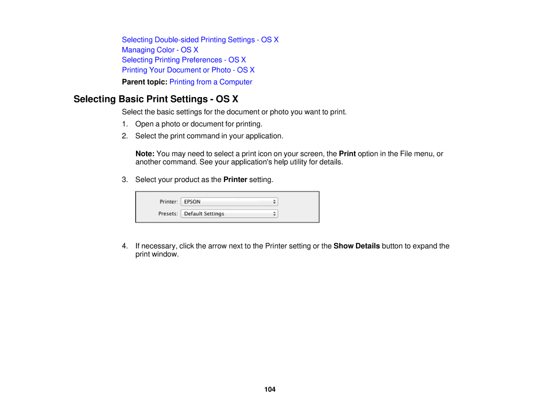 Epson WF2660 manual Selecting Basic Print Settings OS 