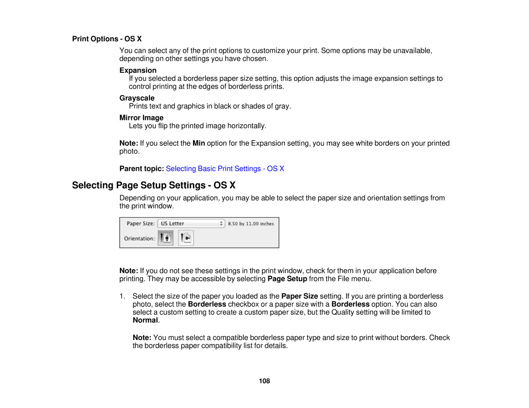 Epson WF2660 manual Selecting Page Setup Settings OS, Print Options OS, Expansion, Grayscale 