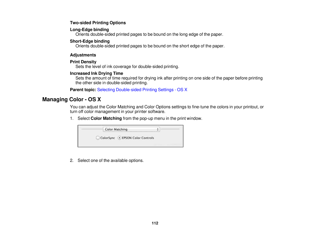 Epson WF2660 manual Managing Color OS, Two-sided Printing Options Long-Edge binding, Short-Edge binding 