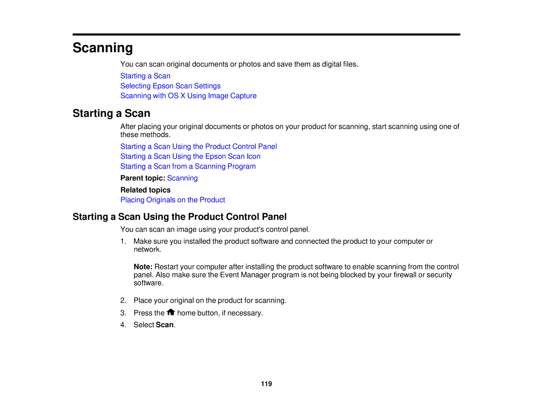 Epson WF2660 manual Starting a Scan Using the Product Control Panel, Parent topic Scanning Related topics 