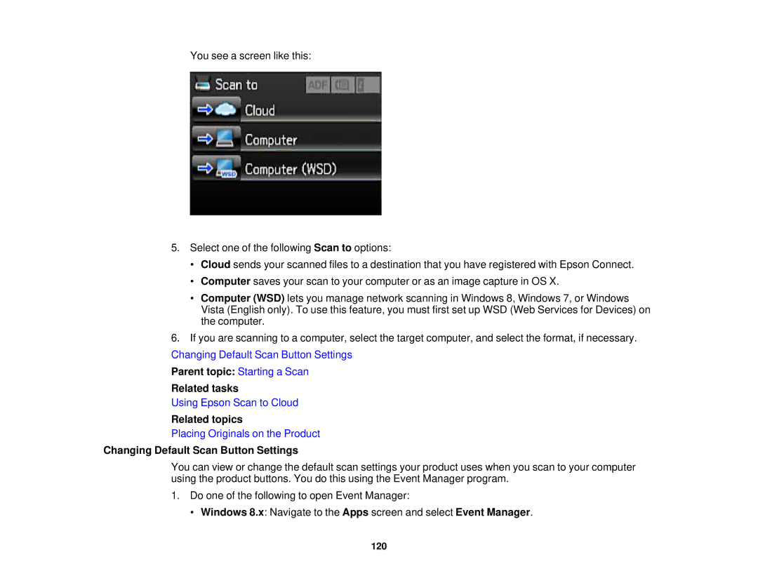 Epson WF2660 manual Related tasks, Changing Default Scan Button Settings 