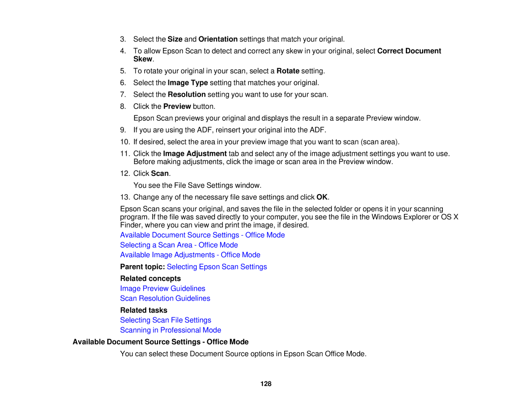 Epson WF2660 manual Related concepts, Available Document Source Settings Office Mode 