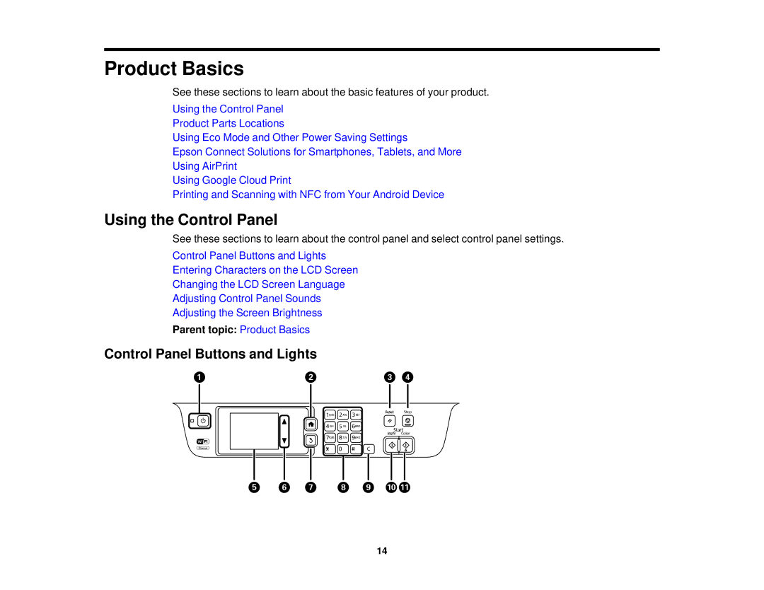 Epson WF2660 manual Using the Control Panel, Control Panel Buttons and Lights, Parent topic Product Basics 