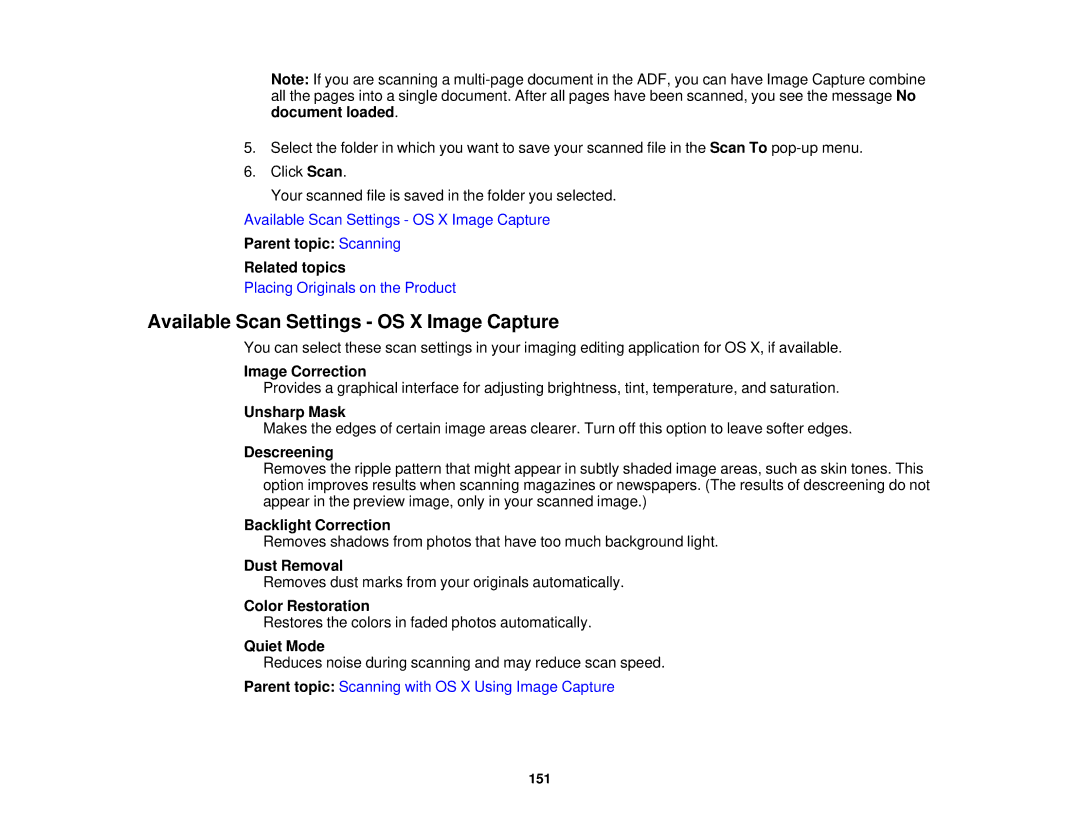 Epson WF2660 manual Available Scan Settings OS X Image Capture, Image Correction 