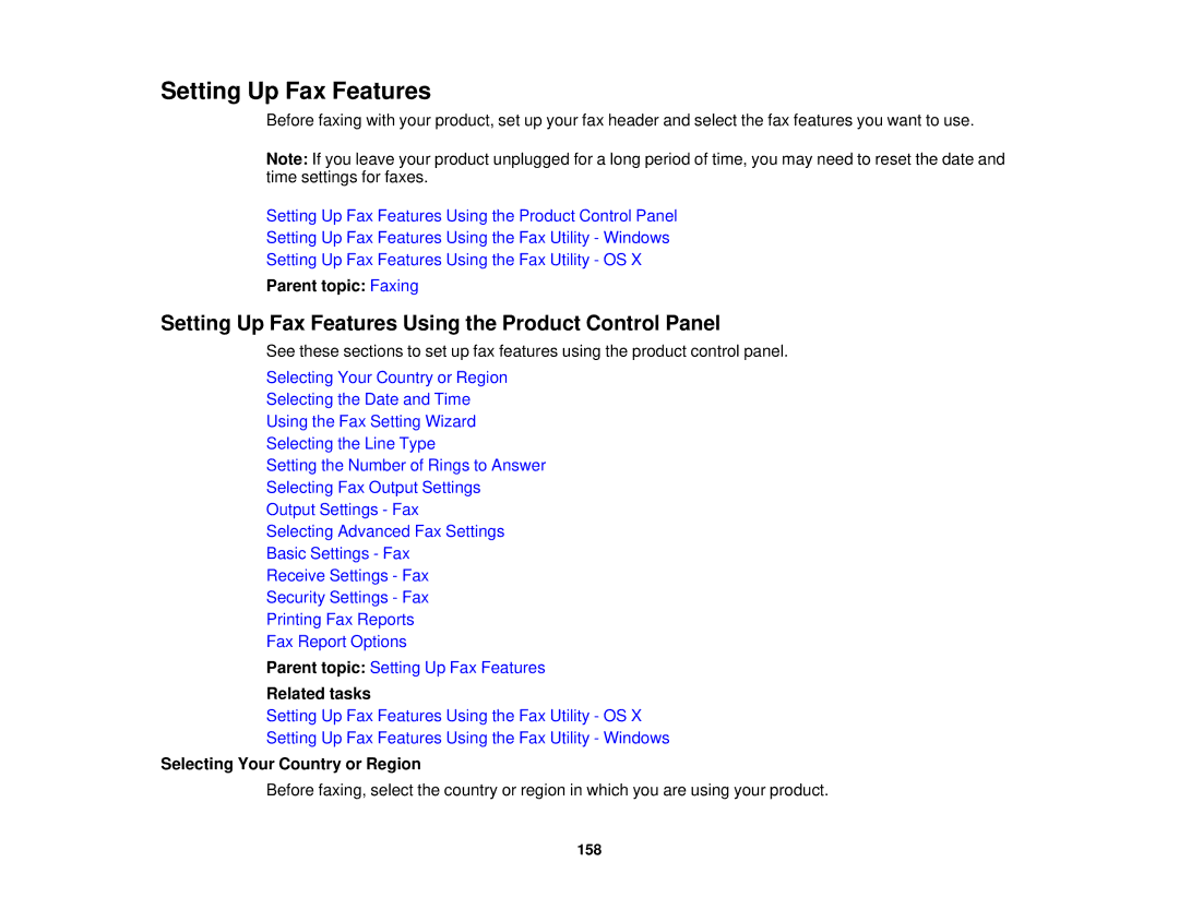 Epson WF2660 manual Setting Up Fax Features Using the Product Control Panel, Parent topic Faxing 