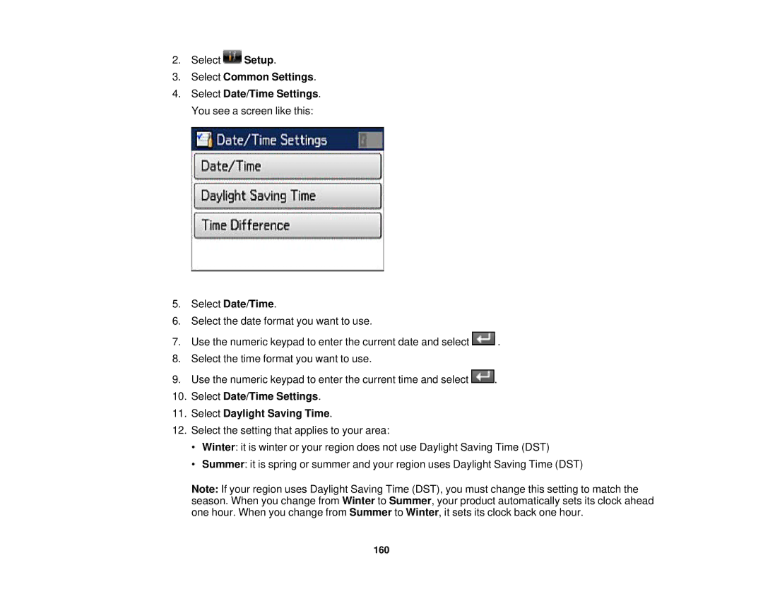 Epson WF2660 manual Select Date/Time Settings Select Daylight Saving Time 