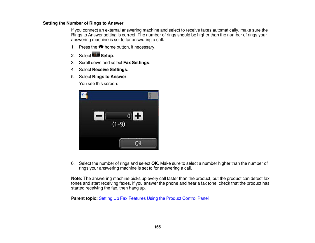 Epson WF2660 manual Setting the Number of Rings to Answer, Select Receive Settings 