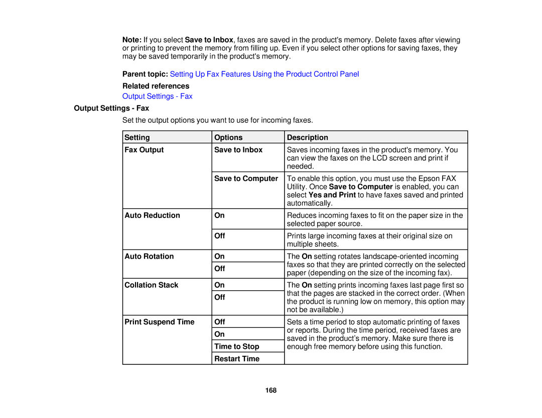 Epson WF2660 Output Settings Fax, Setting Options Description Fax Output Save to Inbox, Save to Computer, Auto Reduction 