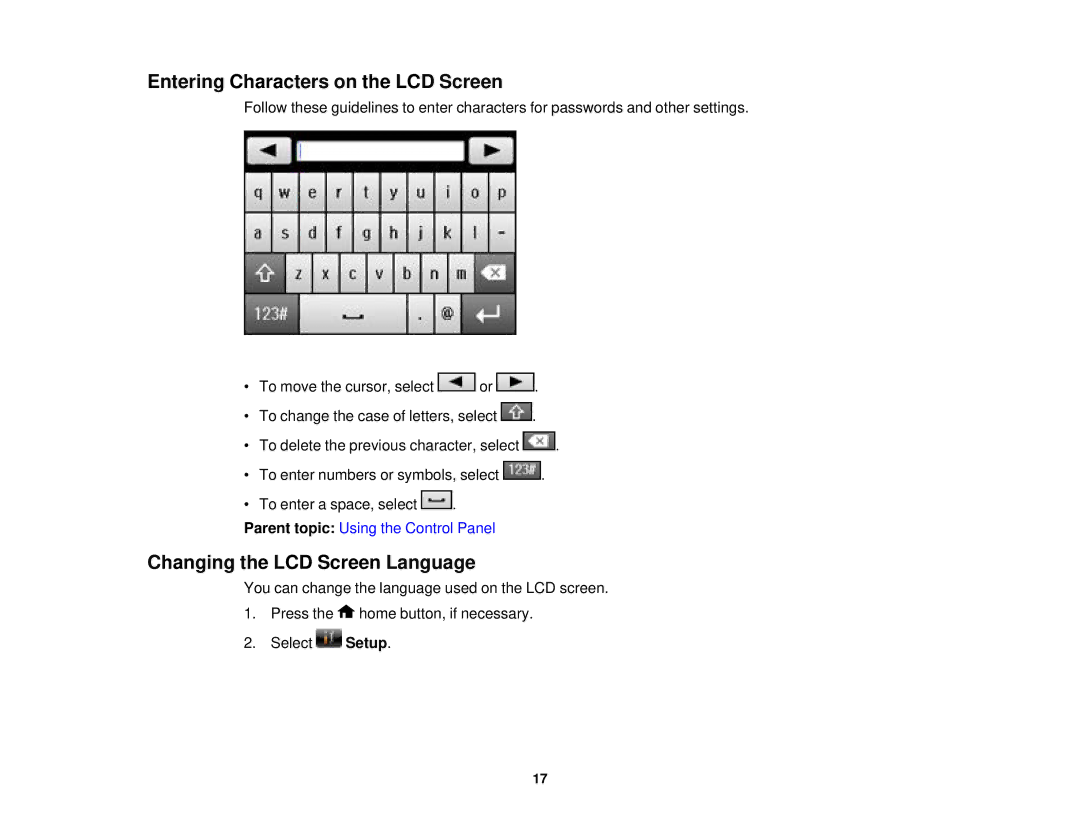 Epson WF2660 manual Entering Characters on the LCD Screen, Changing the LCD Screen Language 