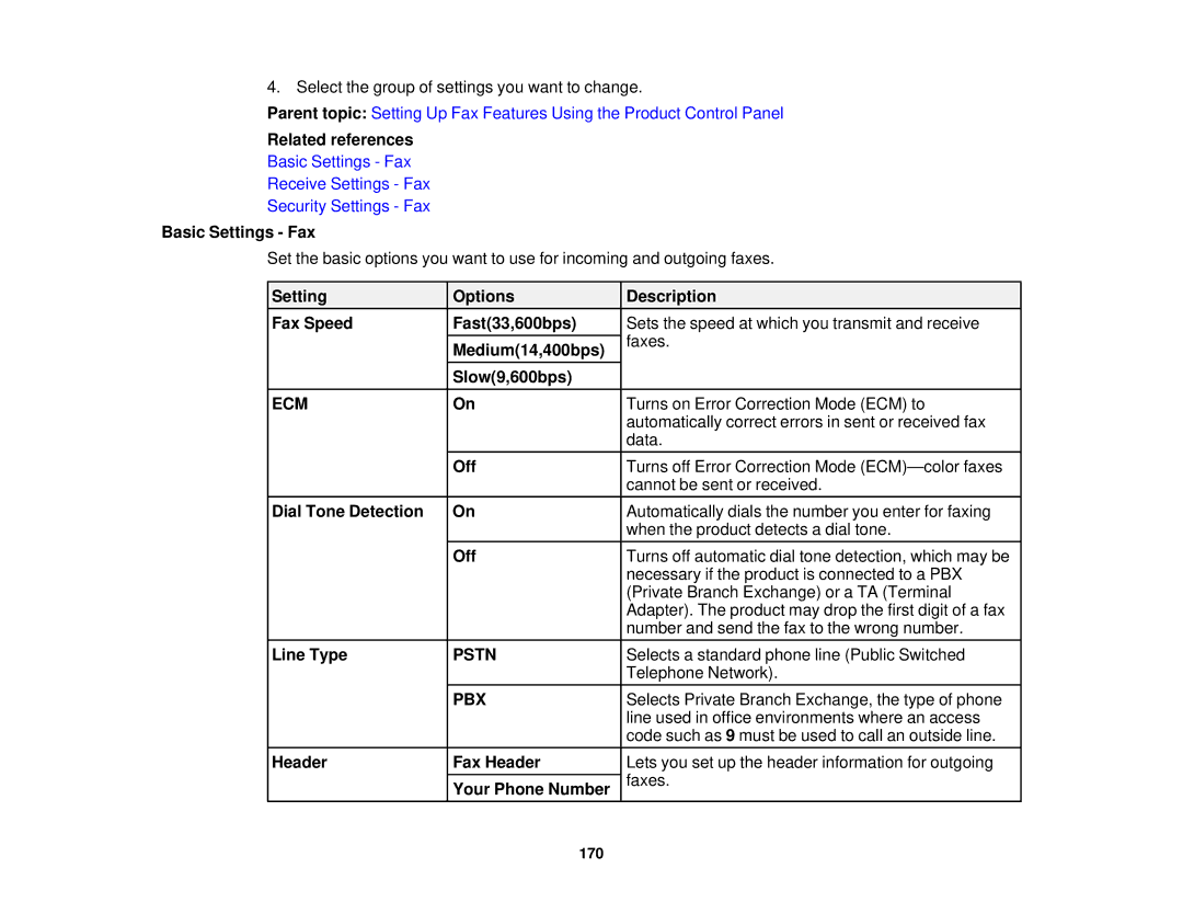 Epson WF2660 manual Basic Settings Fax, Setting Options Description Fax Speed Fast33,600bps, Medium14,400bps, Slow9,600bps 