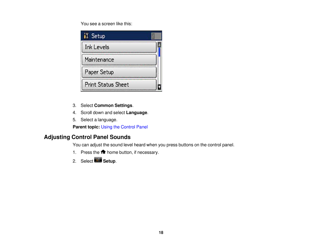 Epson WF2660 manual Adjusting Control Panel Sounds, Select Common Settings 