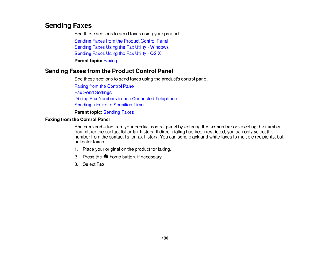 Epson WF2660 Sending Faxes from the Product Control Panel, Parent topic Sending Faxes Faxing from the Control Panel 