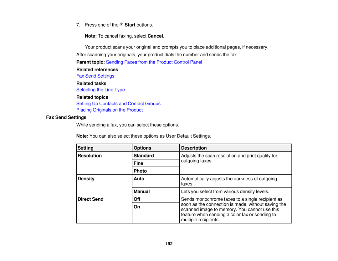 Epson WF2660 manual Related references, Fax Send Settings 