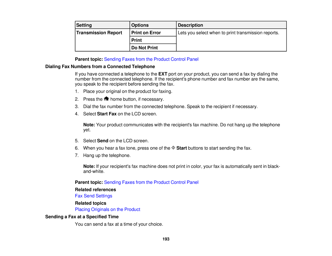 Epson WF2660 manual Dialing Fax Numbers from a Connected Telephone, Sending a Fax at a Specified Time 