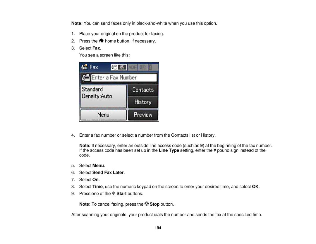 Epson WF2660 manual Select Send Fax Later 