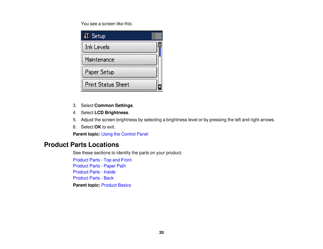 Epson WF2660 manual Product Parts Locations, Select Common Settings Select LCD Brightness 