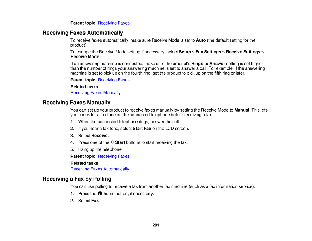 Epson WF2660 manual Receiving Faxes Automatically, Receiving Faxes Manually, Receiving a Fax by Polling 