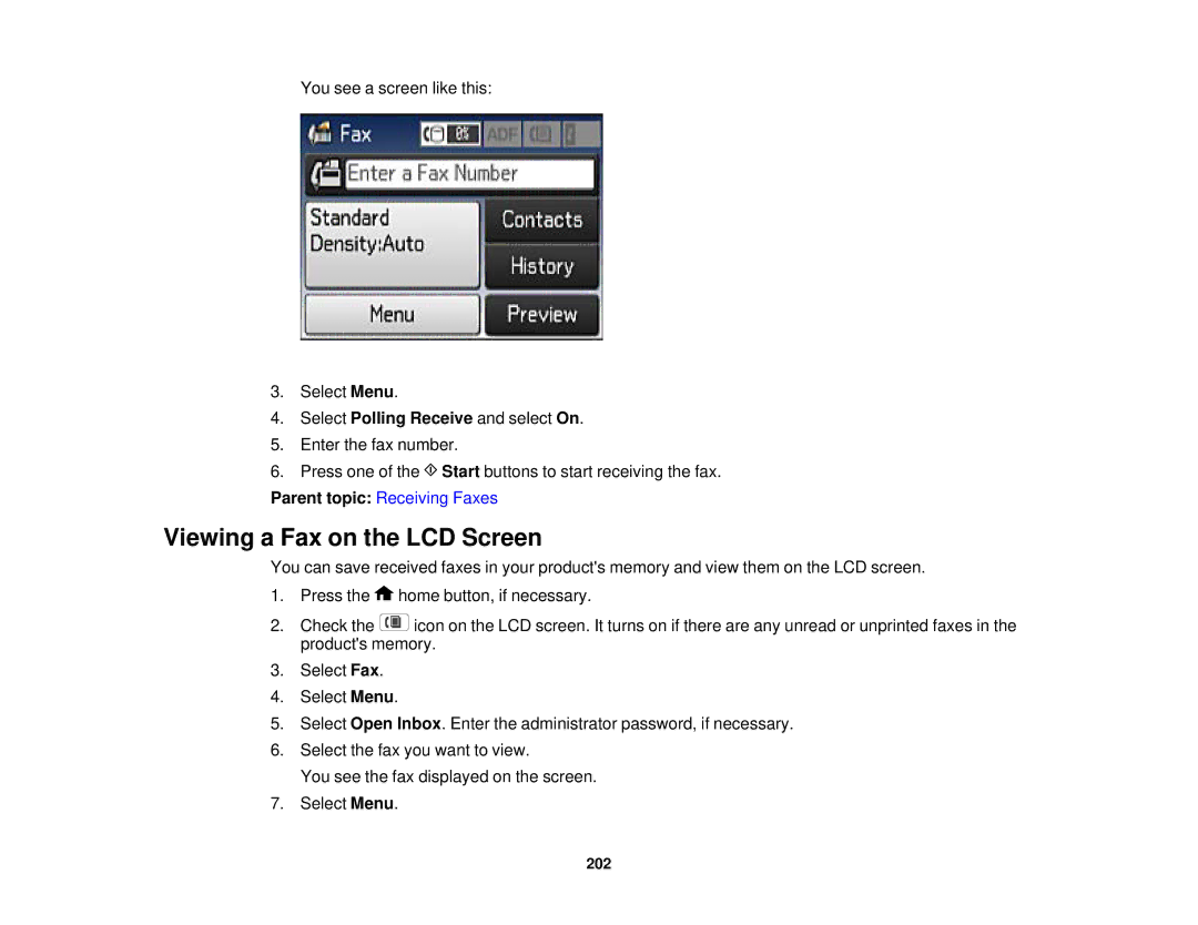 Epson WF2660 manual Viewing a Fax on the LCD Screen 