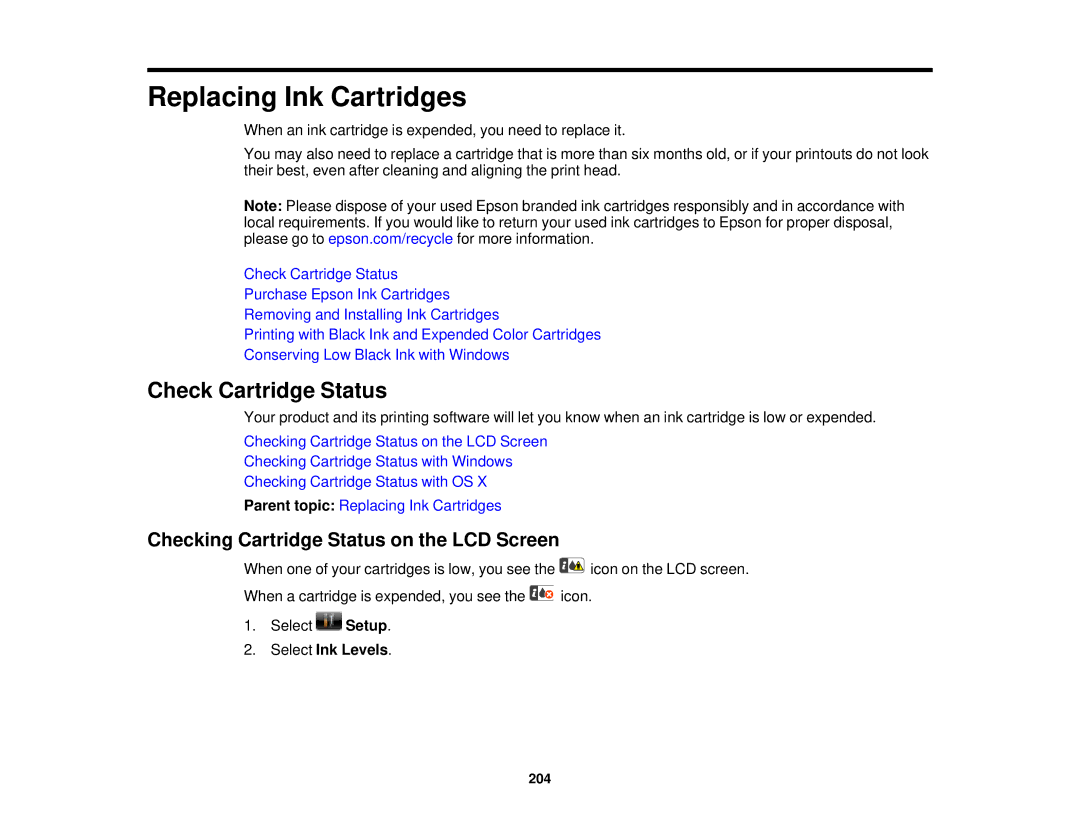 Epson WF2660 manual Check Cartridge Status, Checking Cartridge Status on the LCD Screen, Select Ink Levels 