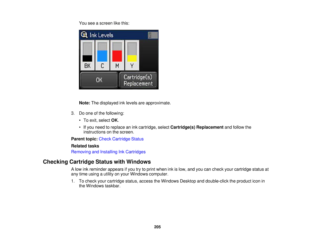 Epson WF2660 manual Checking Cartridge Status with Windows, Related tasks 