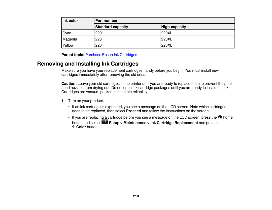 Epson WF2660 Removing and Installing Ink Cartridges, Ink color Part number Standard-capacity High-capacity, Color button 