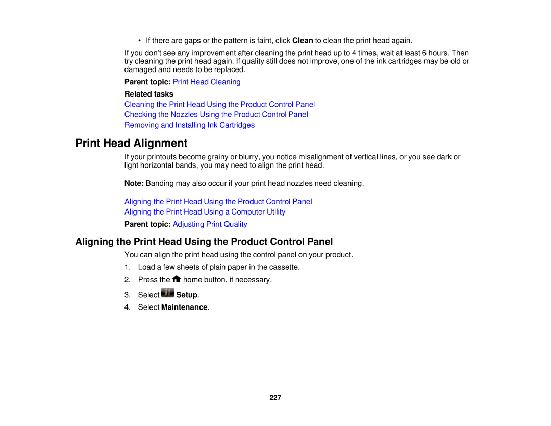 Epson WF2660 manual Print Head Alignment, Aligning the Print Head Using the Product Control Panel, Select Maintenance 