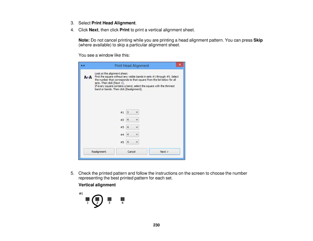 Epson WF2660 manual Select Print Head Alignment, Vertical alignment 