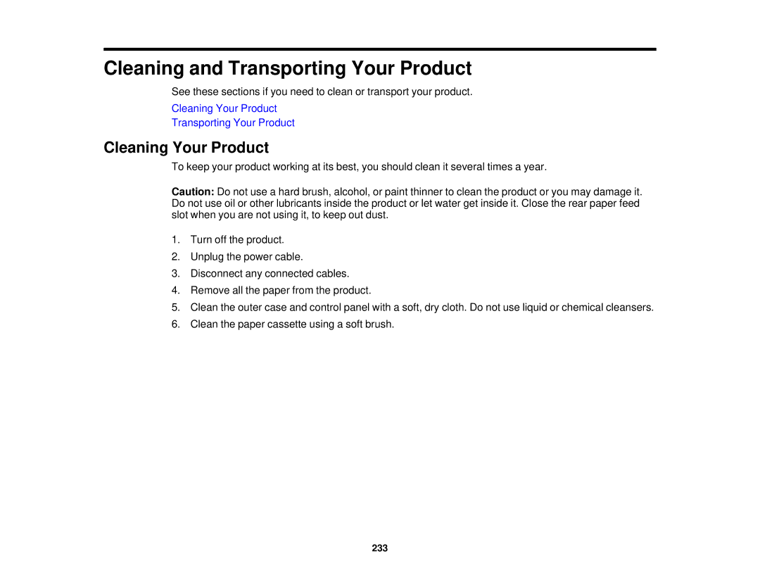 Epson WF2660 manual Cleaning and Transporting Your Product, Cleaning Your Product 