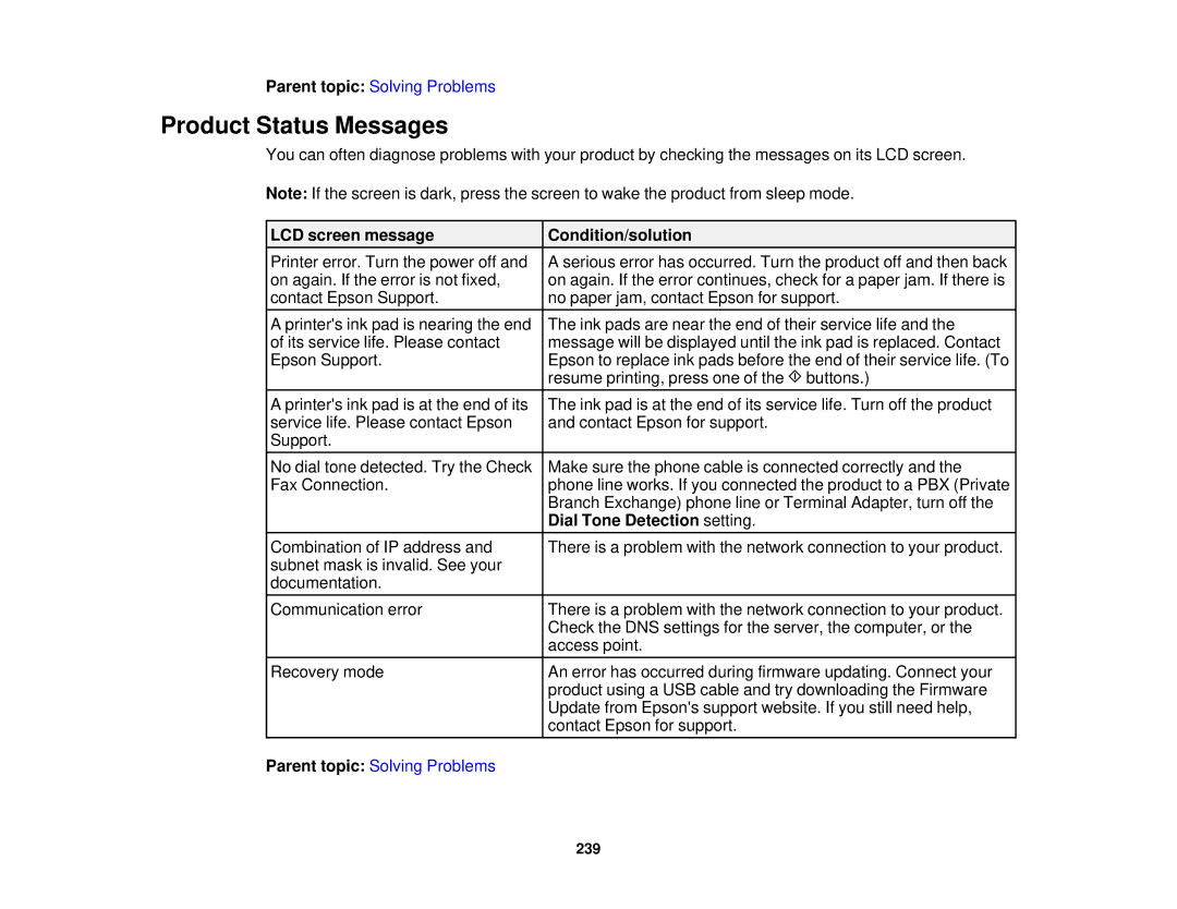 Epson WF2660 manual Product Status Messages, LCD screen message Condition/solution, Dial Tone Detection setting 