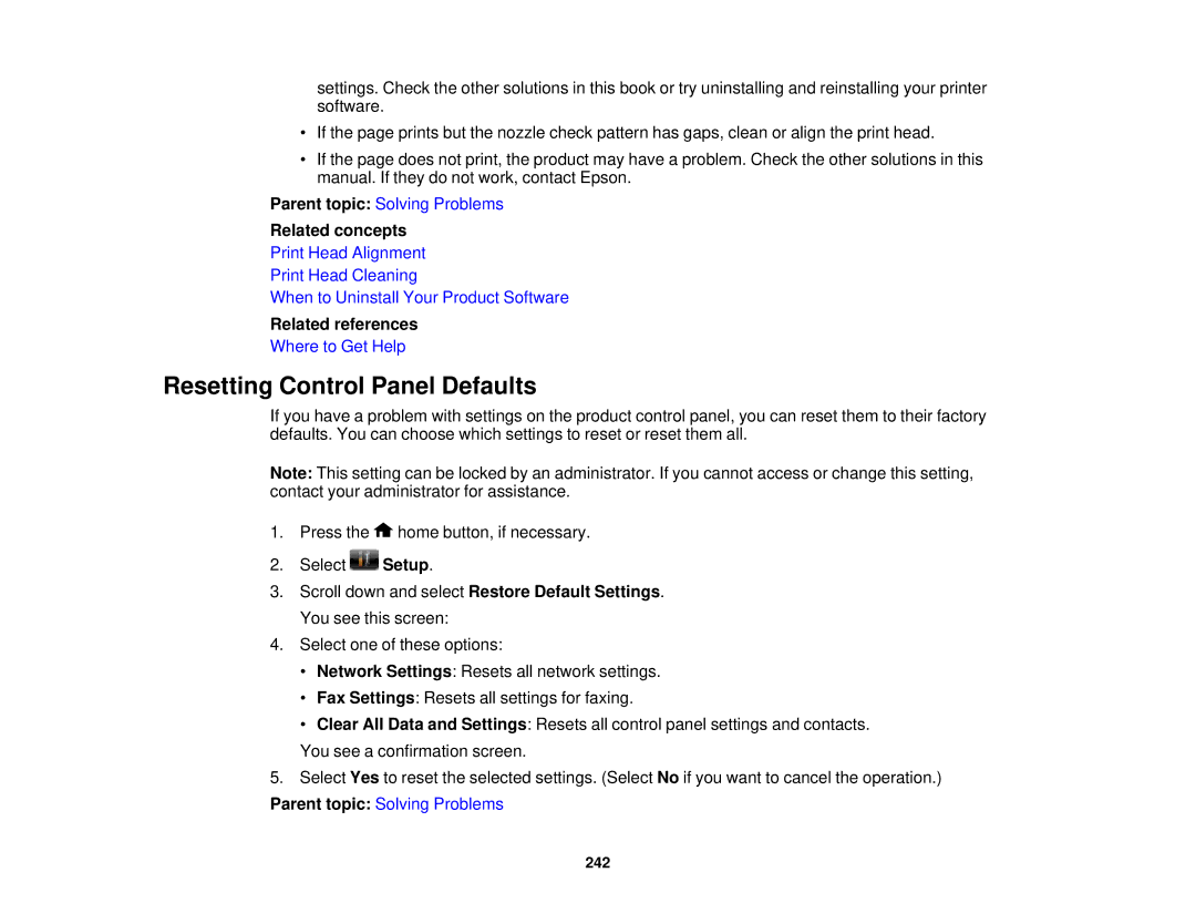 Epson WF2660 manual Resetting Control Panel Defaults, Related concepts 