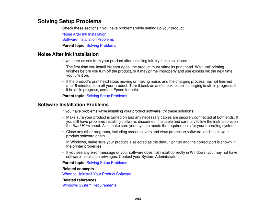 Epson WF2660 manual Solving Setup Problems, Noise After Ink Installation, Software Installation Problems 