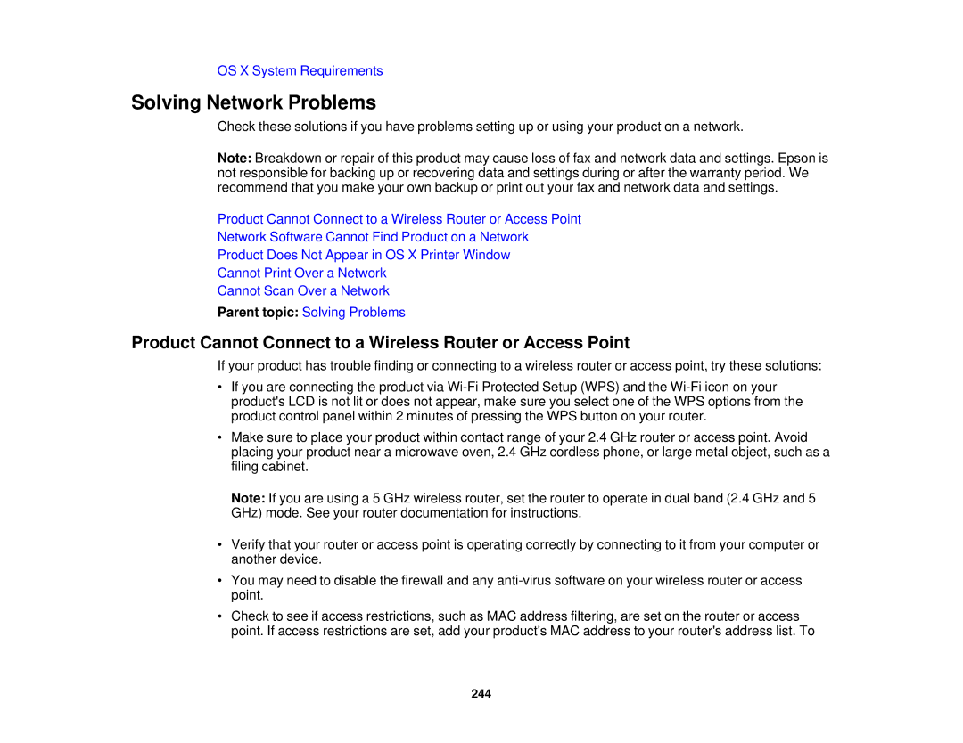 Epson WF2660 manual Solving Network Problems, Product Cannot Connect to a Wireless Router or Access Point 