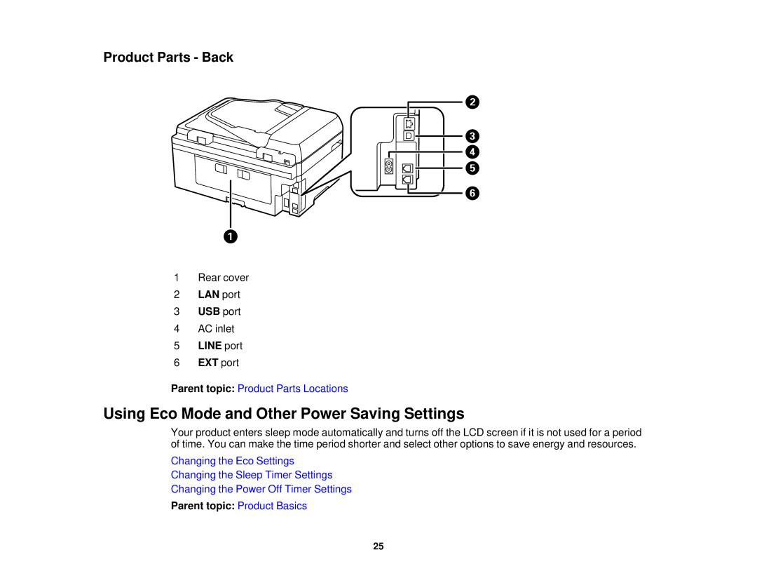 Epson WF2660 Using Eco Mode and Other Power Saving Settings, Product Parts Back, LAN port USB port, Line port EXT port 