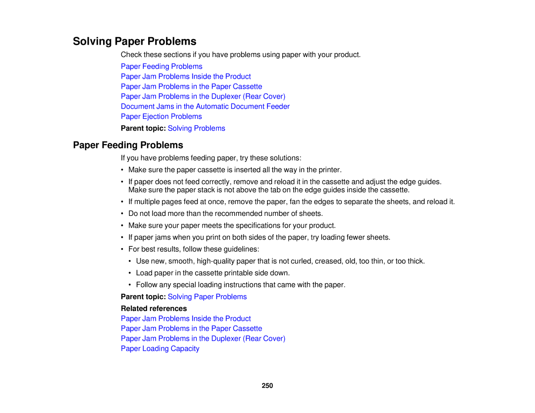 Epson WF2660 manual Solving Paper Problems, Paper Feeding Problems 