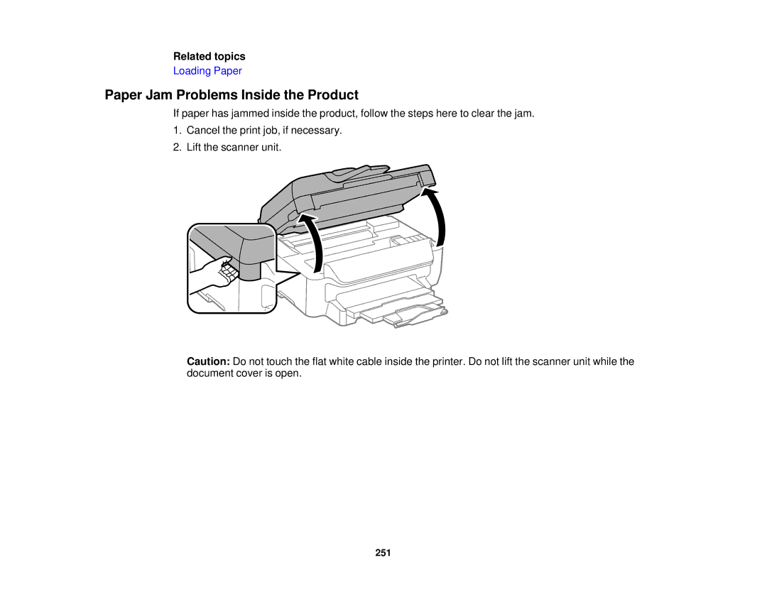 Epson WF2660 manual Paper Jam Problems Inside the Product, Related topics 