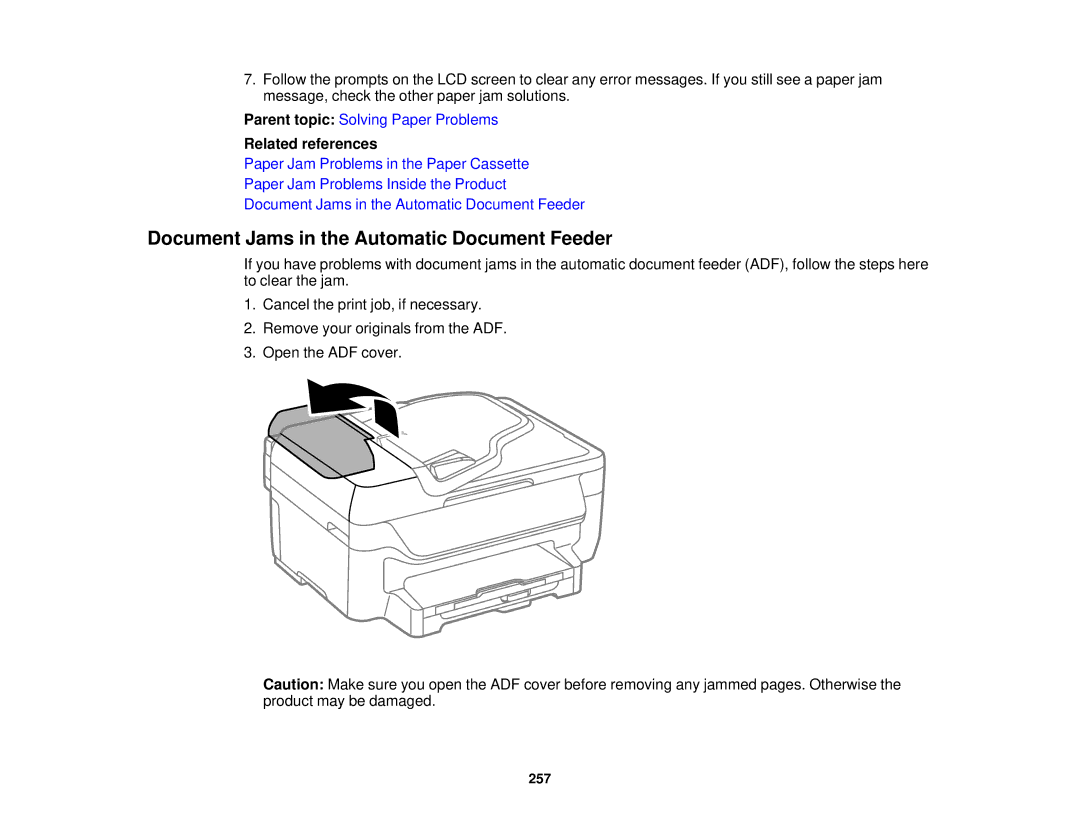 Epson WF2660 manual Document Jams in the Automatic Document Feeder, Related references 