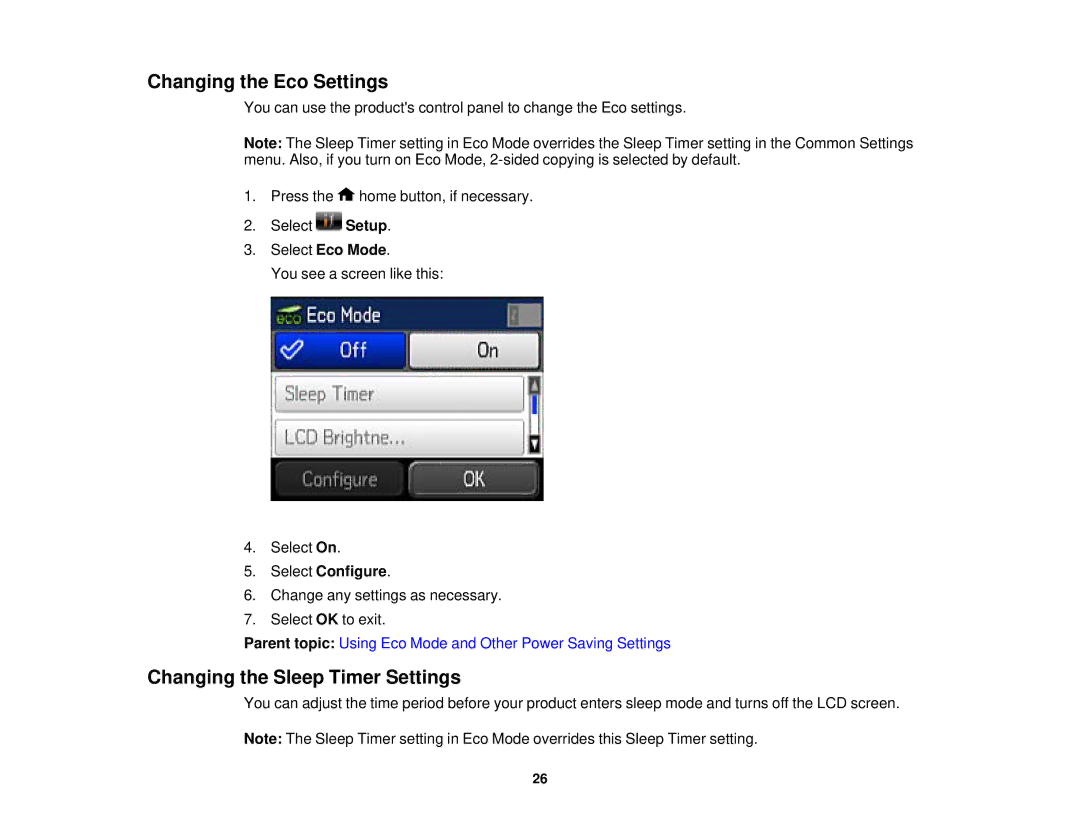 Epson WF2660 manual Changing the Eco Settings, Changing the Sleep Timer Settings, Select Configure 